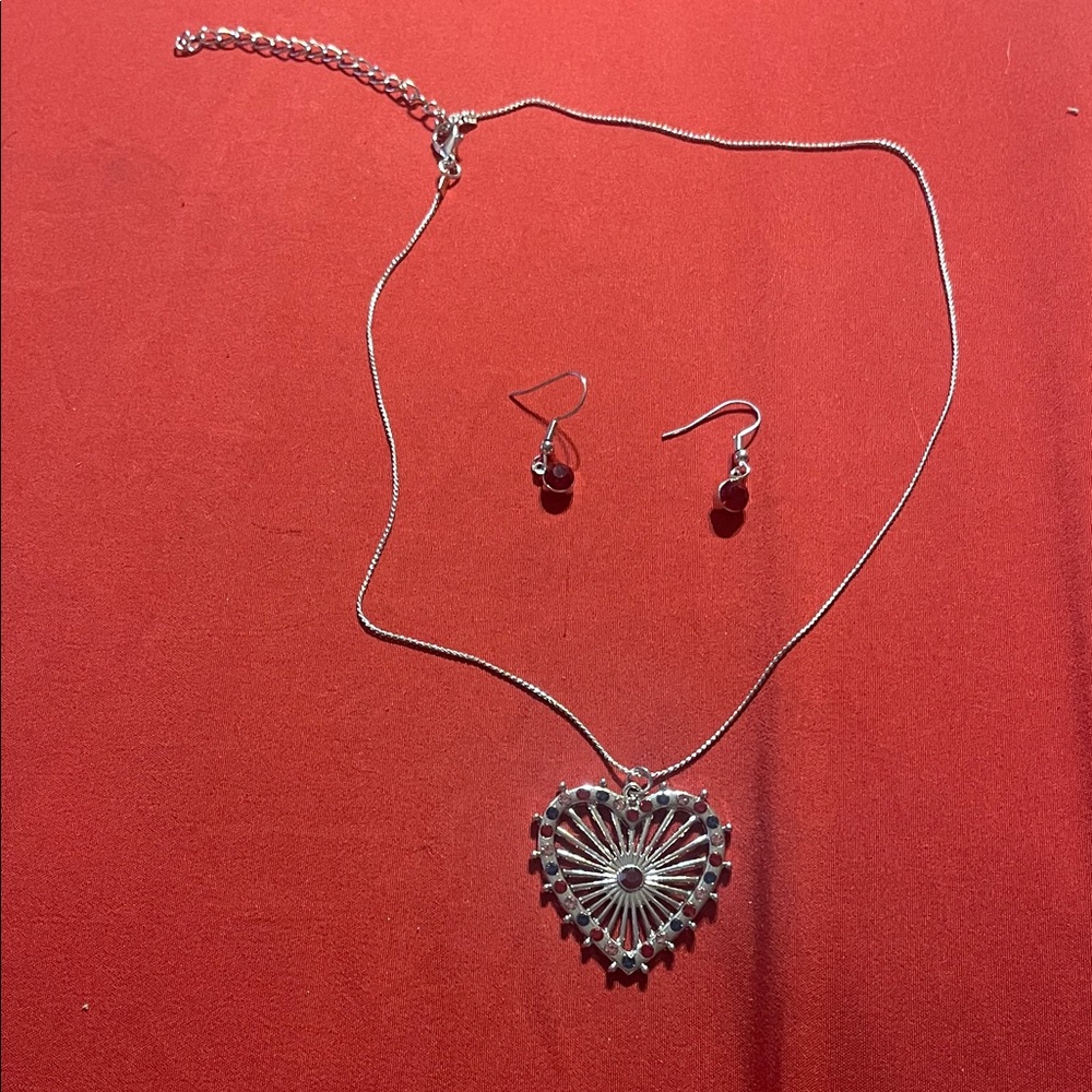 Silver Heart Pendant Necklace and Earring Set